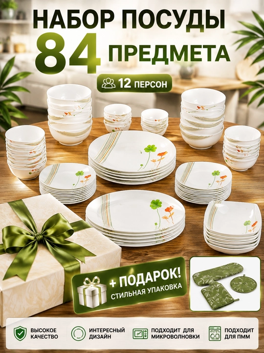 Набор посуды на 12 персон, 84 предмета из стеклокерамики + подарок - 