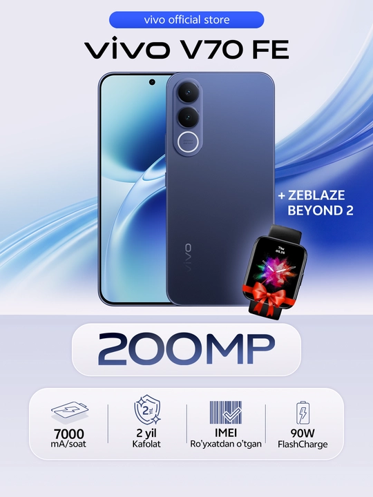 Mobil telefon Vivo V70 FE + Zeblaze Beyond 2 Smartwatch, 12/256 GB, 200 MP kamera, 7000mAh - 