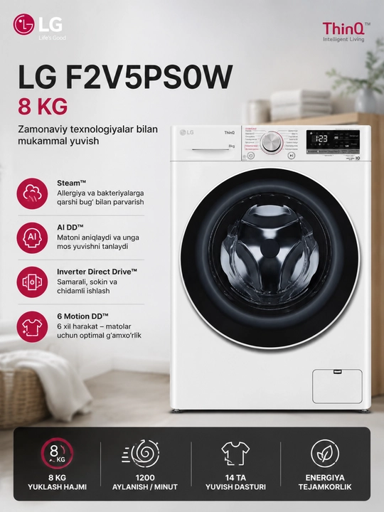 Kir yuvish mashinasi avtomat LG F2V5PS2S // F2V5PS0W 8 kg