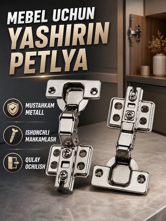 Mebel furniturasi, shkaf eshiklari uchun metall yashirin petlya va sharnir - 