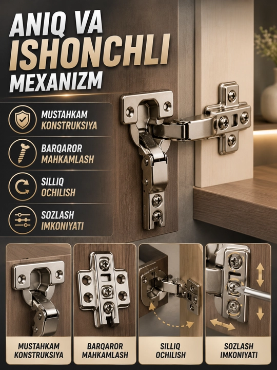 Mebel furniturasi, shkaf eshiklari uchun metall yashirin petlya va sharnir