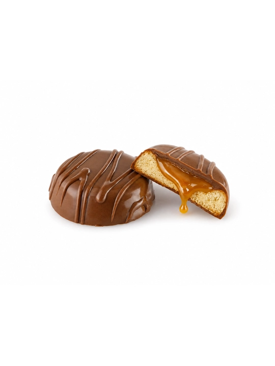 Karamel solingan pechene biskvit, sut va oq glazurda, 2 kg