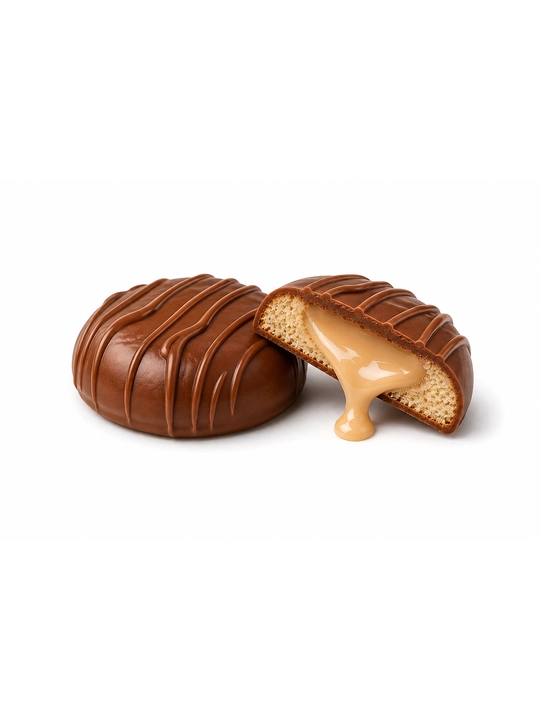 Karamel solingan pechene biskvit, sut va oq glazurda, 2 kg