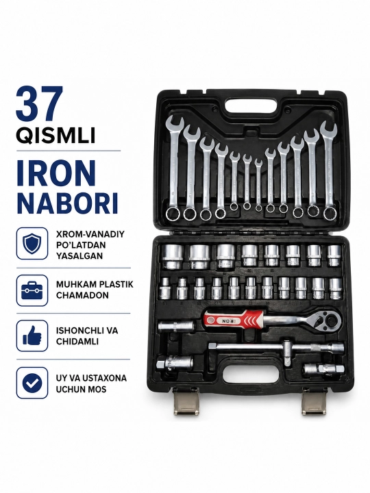 IRON 37 PCS универсальный набор инструментов | ключи, головки, трещотка, удлинители - 