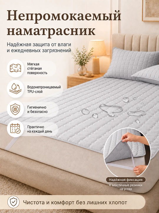 Наматрасник водонепроницаемый 90×200/180×200 см, на резинках, стеганый - 