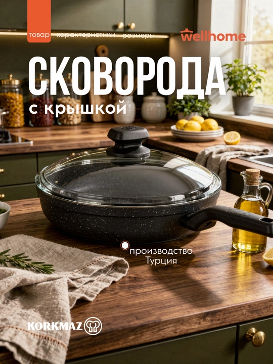 Сковорода с крышкой KORKMAZ ORNELLA 2 л, 2.5 л, 3 л - 