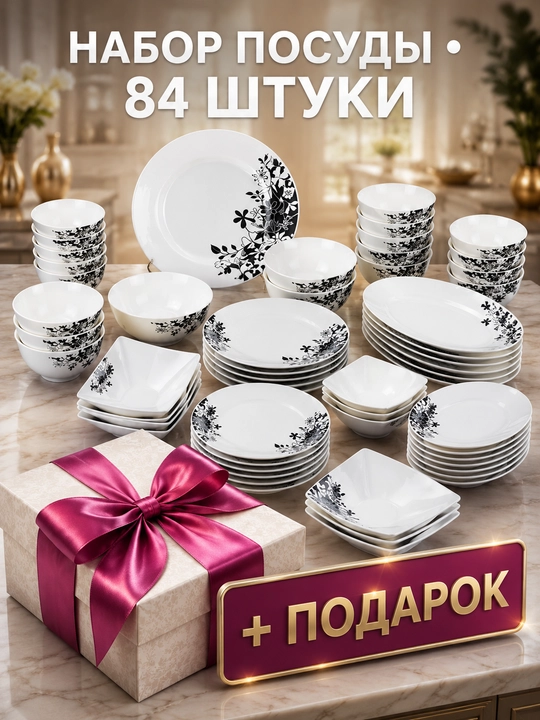 Набор посуды на 12 персон, 84 предмета из стеклокерамики + подарок - 