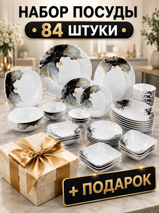 Набор посуды на 12 персон, 84 предмета из стеклокерамики + подарок - 