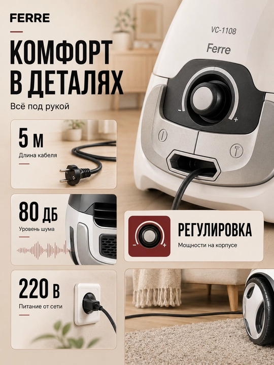 Пылесос Ferre VC-1108C, с HEPA - фильтром, мощность всасывания 450 Вт