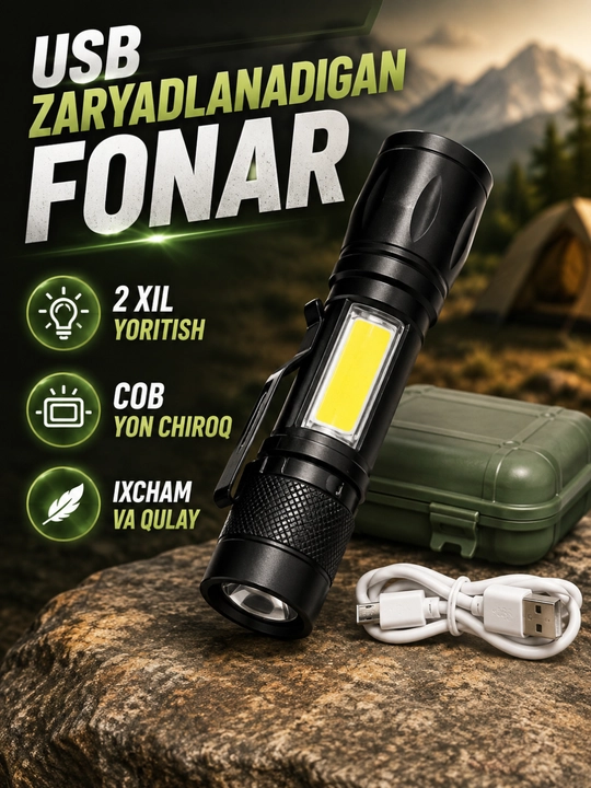 Fonarik LED, USB zaryadlanadigan ixcham fanar, COB yon chiroqli va qutili - 