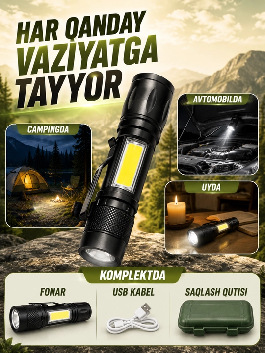 Fonarik LED, USB zaryadlanadigan ixcham fanar, COB yon chiroqli va qutili
