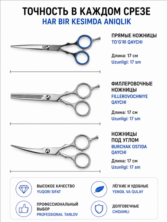 Набор ножниц для парикмахера 3в1 без чехла закаленная сталь для стрижки волос и груминга