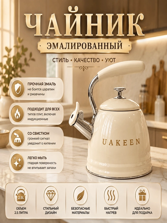Чайник UAKEEN 3.5 л, свистком, газовый чайник, для газовой и индукционной плиты, кремовый - 