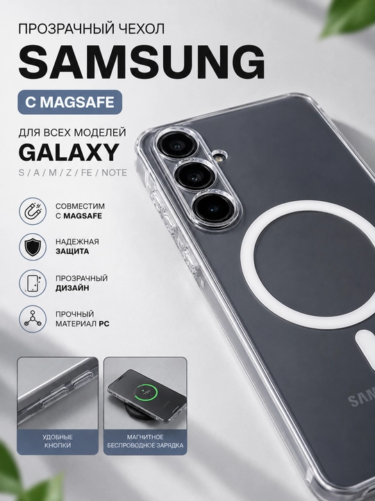 Прозрачный чехол для Samsung (Galaxy 21-26 S/Ultra) и (A15/16/17/35/36/37/52) с MagSafe, PC