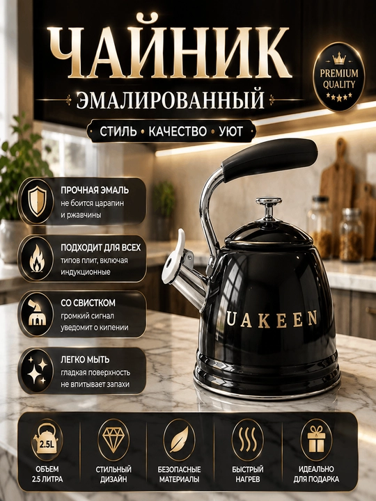 Чайник UAKEEN 3,5 свистком, газовый чайник, для газовой и индукционной плиты, кремовый - 