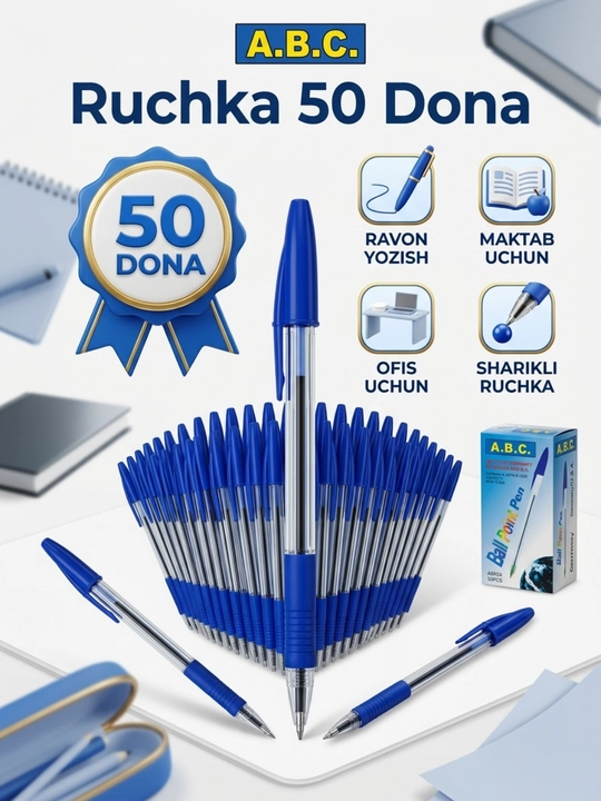 Ruchka 50 dona sharikli ruchkalar to‘plami maktab va ofis uchun yozuv ruchkalari