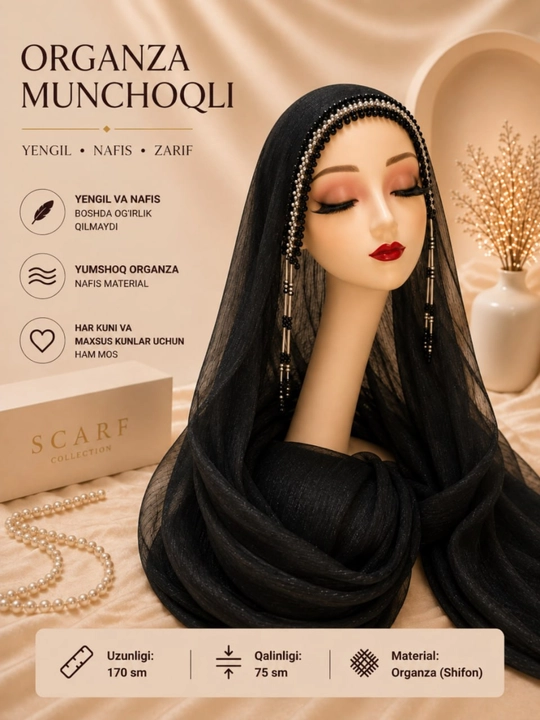 Organza tayyor munchoqli sharf, ayollar uchun hijobi bayramona kundalik bosh ro‘mol - 
