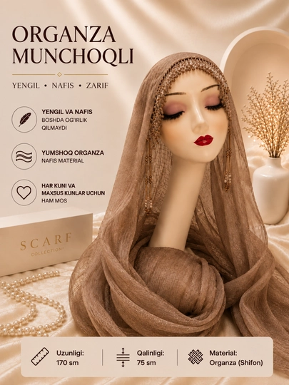 Organza tayyor munchoqli sharf, ayollar uchun hijobi bayramona kundalik bosh ro‘mol - 