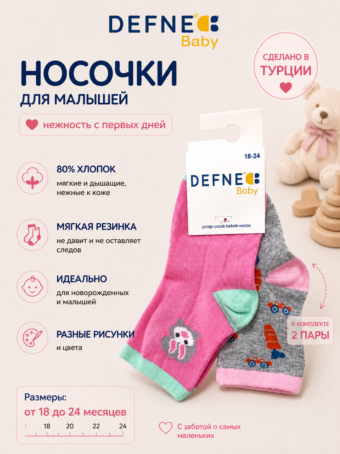 Носки детские, для новорожденных девочек, 2 пары - 