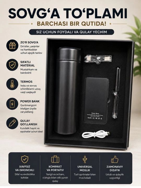 Подарочный набор для мужчин: термос и Power Bank, стильный комплект - 