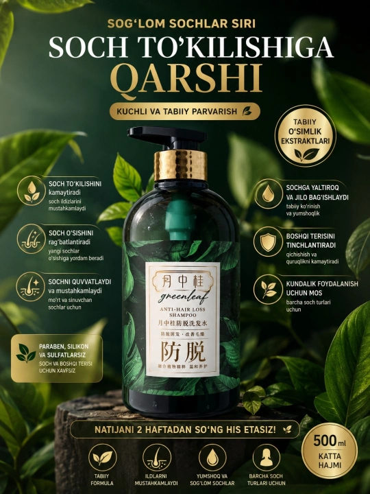Soch uchun shampun Greenleaf, oziqlantiradi va parvarish qiladi
