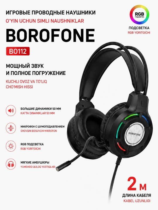 Borofone BO112 RGB simli o‘yin naushniklari USB+jack 3,5' kabeli 2m - 