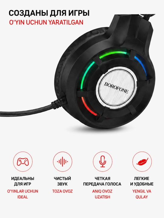 Borofone BO112 RGB simli o‘yin naushniklari USB+jack 3,5' kabeli 2m