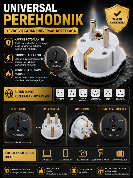 Universal elektr rozetka adapteri — Euro vilkadan universal rozetkaga
