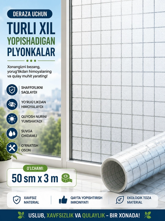 Quyoshdan himoyalovchi plyonka, derazalarga turli xil gulli va mativiy , dekorativ plyonka - 