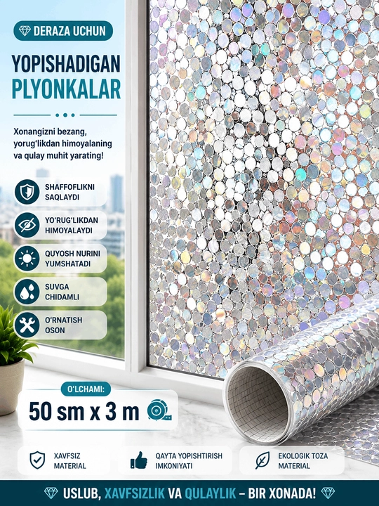 Quyoshdan himoyalovchi plyonka, derazalarga turli xil gulli va mativiy , dekorativ plyonka - 