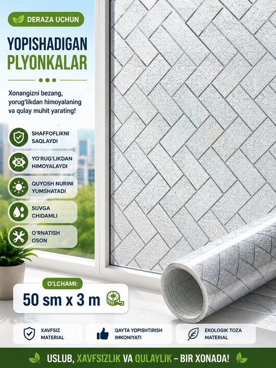 Quyoshdan himoyalovchi plyonka, derazalarga turli xil gulli va mativiy , dekorativ plyonka - 