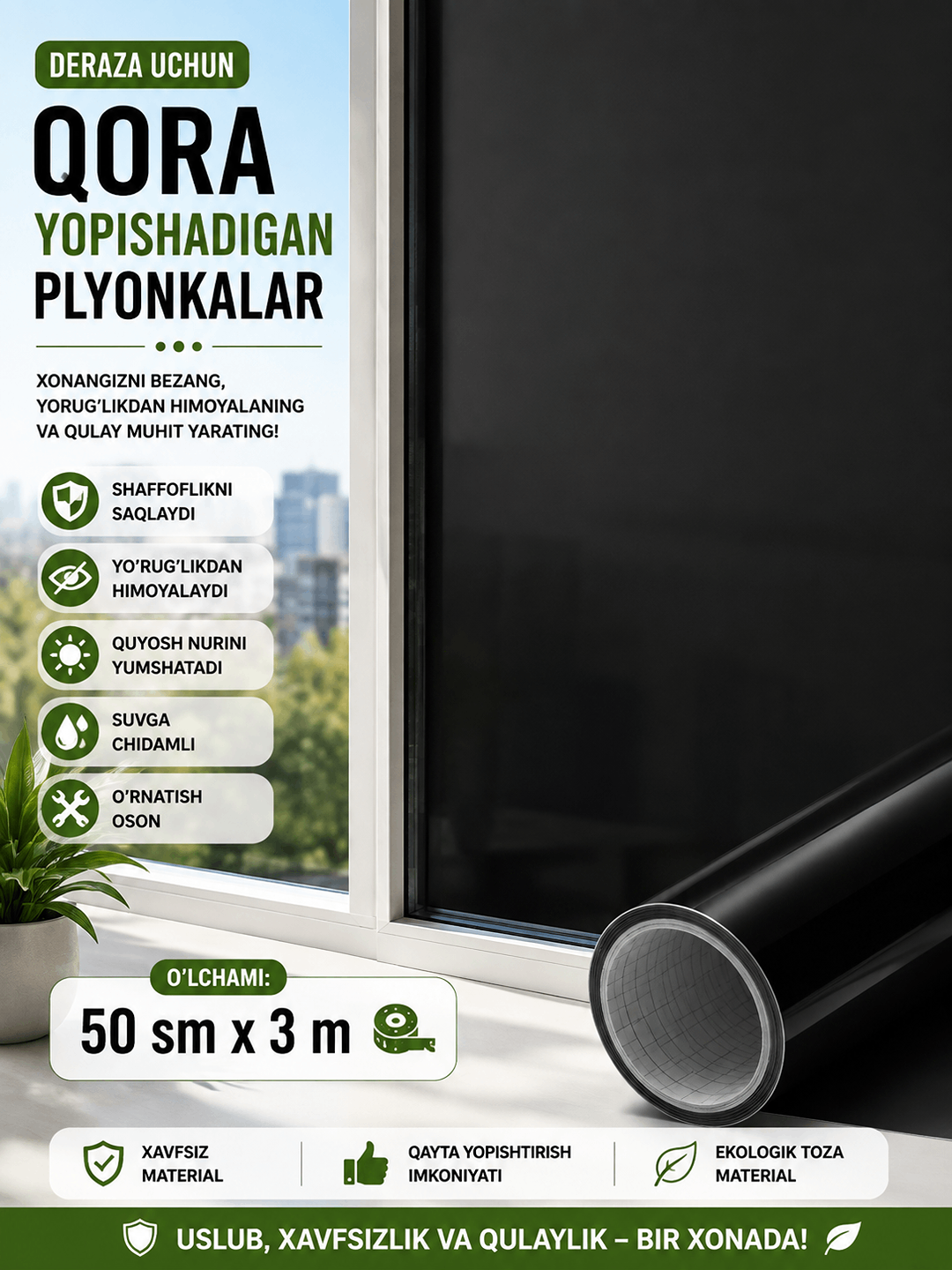 Quyoshdan himoyalovchi plyonka, derazalarga turli xil gulli va mativiy , dekorativ plyonka - 
