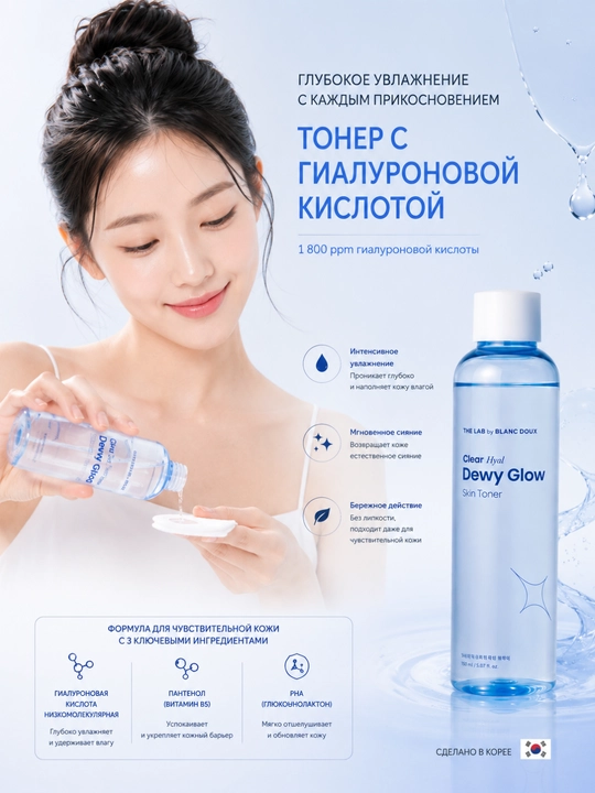 THE LAB by BLANC DOUX Тонер Dewy Glow, гиалурон, бетаин, PHA, увлажнение, сияние, 150 мл - 