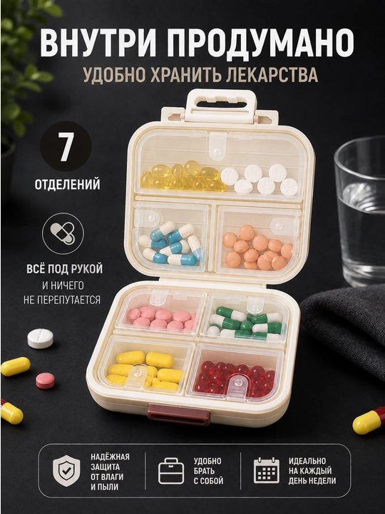 Таблетница органайзер контейнер неделька для хранения таблеток, витаминов и мелочей