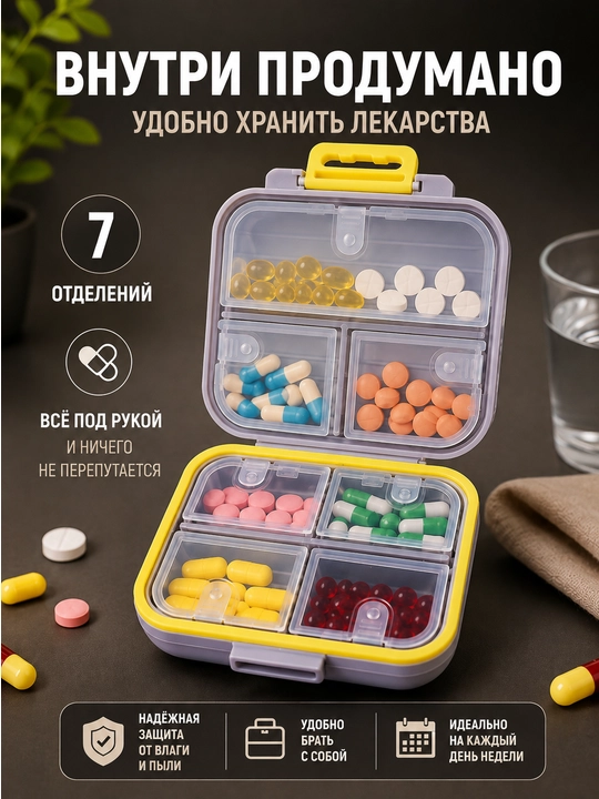 Таблетница органайзер контейнер неделька для хранения таблеток, витаминов и мелочей