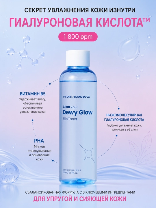 THE LAB by BLANC DOUX Тонер Dewy Glow, гиалурон, бетаин, PHA, увлажнение, сияние, 150 мл