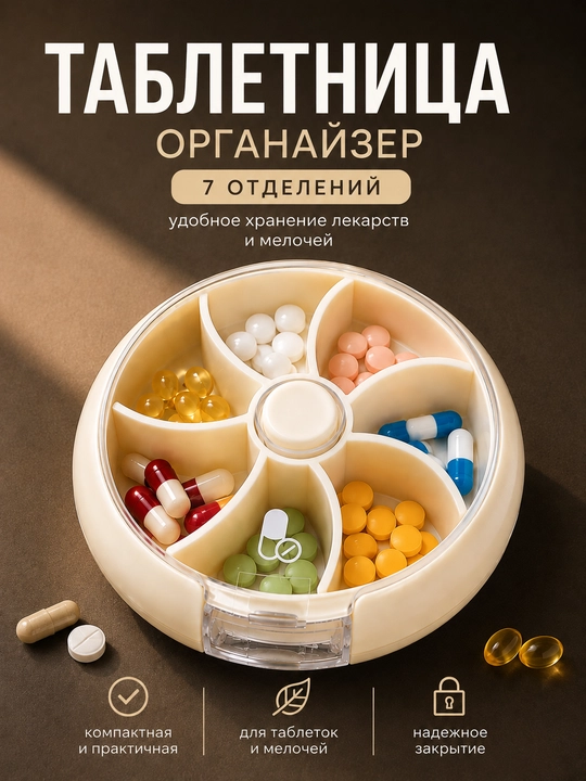 Таблетница органайзер контейнер неделька для хранения таблеток, витаминов и мелочей - 