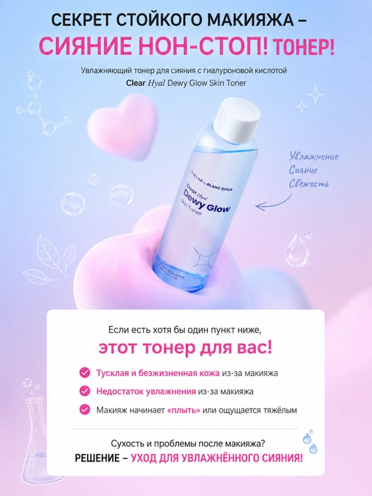 THE LAB by BLANC DOUX Тонер Dewy Glow, гиалурон, бетаин, PHA, увлажнение, сияние, 150 мл
