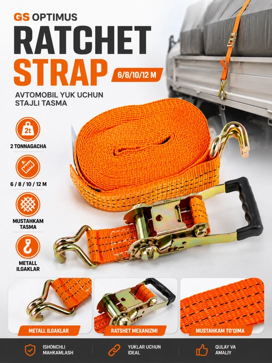 Avtomobil yuk uchun stajli GS Optimus Ratchet Strap 6/8/10/12 m  - 