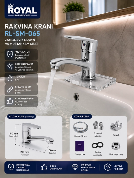 ROYAL RL-SM-065 rakvina krani, 100% latun, xrom qoplama, zamonaviy dizayn - 