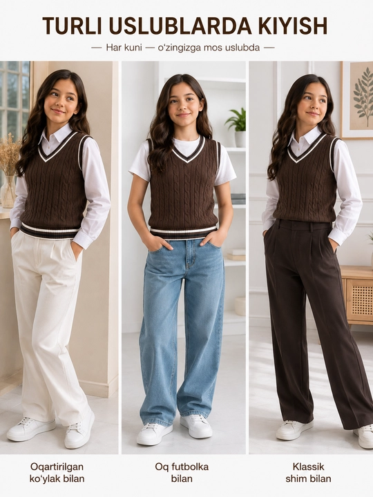 Вязаный школьный жилет с V-образным вырезом для девочек - 
