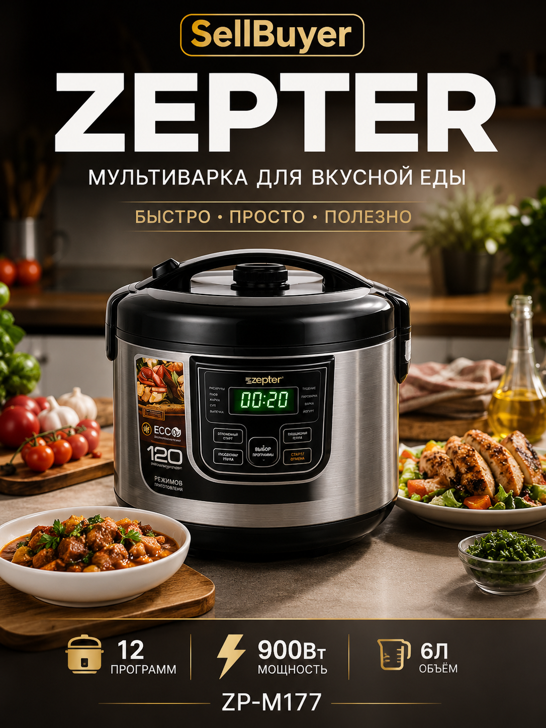 Мультиварка Zepter ZP-M177 — объём 6 л, мощность 900 Вт и 21 программа - 