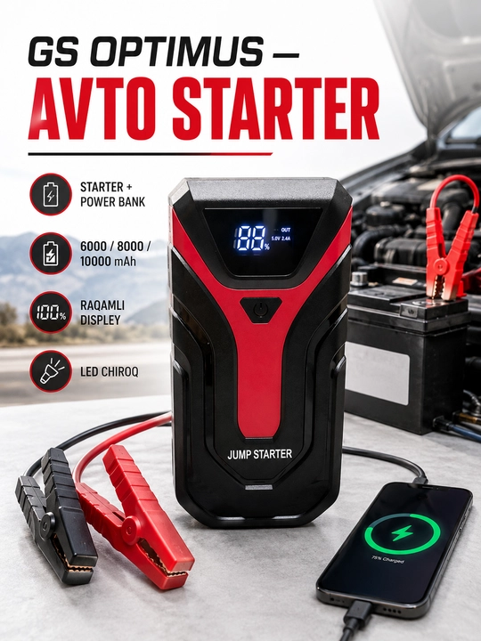 GS OPTIMUS avtomobil starter va power bank, 6000, 8000, 10000 mAh - 