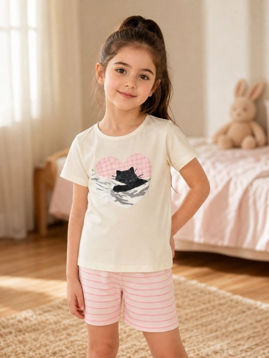 Qizlar uchun yurak va mushuk printli yozgi zamonaviy dvoyka - 