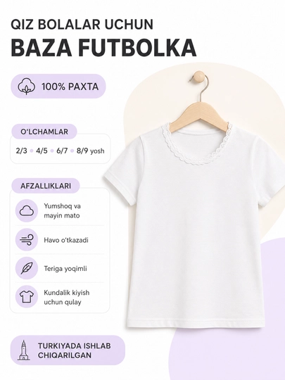 Qiz bolalar uchun oq baza futbolka — 100% paxta, to‘rli yoqa, Turkiya - 