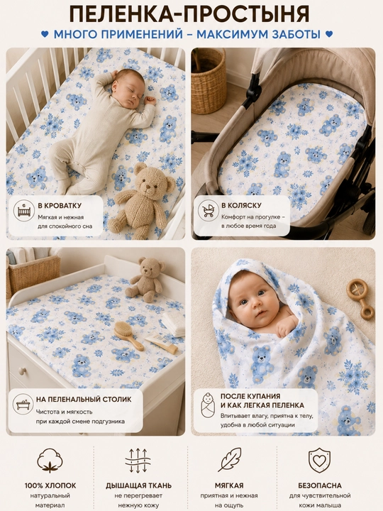 Детская пеленка простыня из хлопкового поплина, 100×110 см