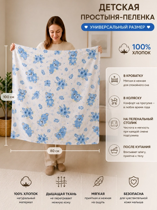 Детская пеленка простыня из хлопкового поплина, 100×110 см