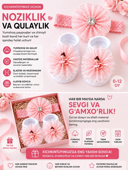 Yangi tug‘ilgan chaqaloqlar uchun paypoq va bog‘ich, qiz bola, 0-12 oylik, bolalar aksessuarlari