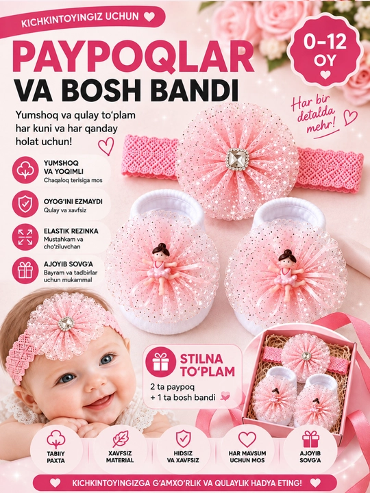 Yangi tug‘ilgan chaqaloqlar uchun paypoq va bog‘ich, qiz bola, 0-12 oylik, bolalar aksessuarlari