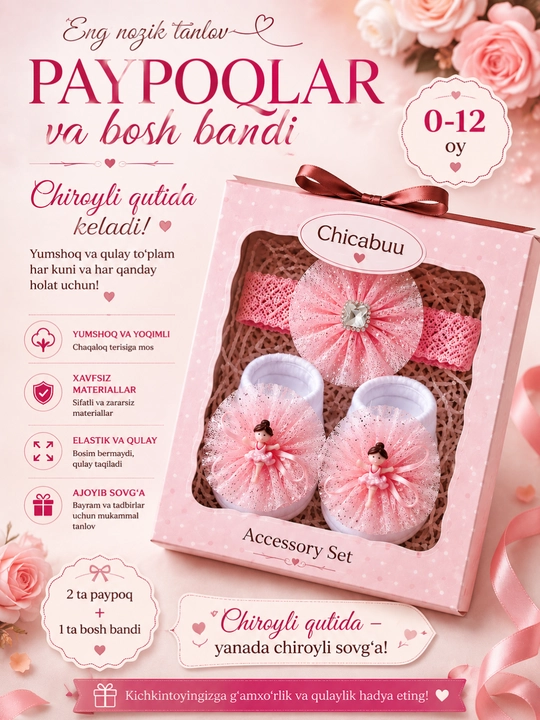 Yangi tug‘ilgan chaqaloqlar uchun paypoq va bog‘ich, qiz bola, 0-12 oylik, bolalar aksessuarlari